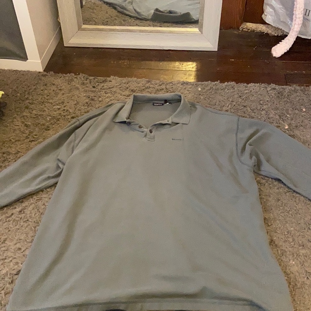 grey, long sleeve, collared shirt